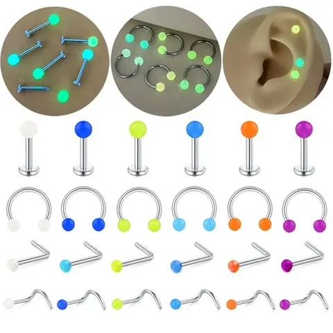Stainless Steel Nose Ring, Stainless Steel Noserings, Nose Piercing Jewelry, Nose Rings Hoops, 24pcs/set Glow In The Dark Nose Ring, Nose Ring for Men & Women, Fashion Accessories for Party