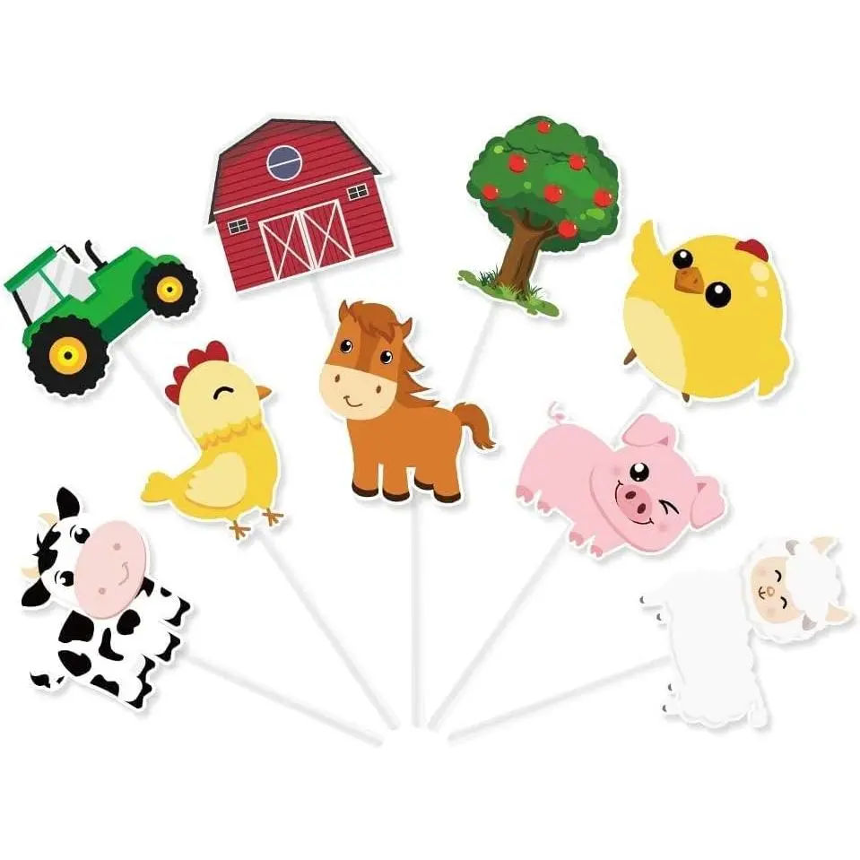 P-PSD040 36PCS Recyclable Card Paper Farm Cupcake Toppers - Non-Toxic, Glueless, Vivid Cartoon Barnyard Animal Picks, Insert Party Supplies for Kids’ Birthday Tractor Theme Cake Decorations, Ceremony
