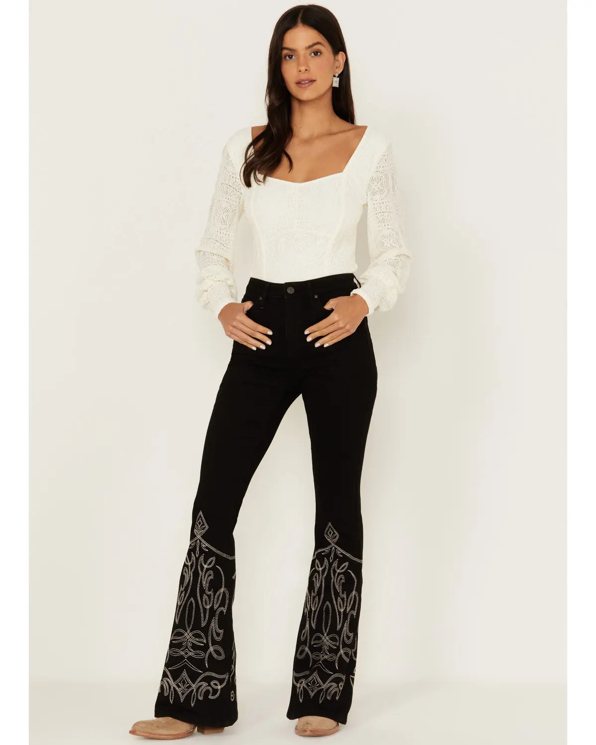 Women's Cotton Elastane High-Rise Bootcut Jeans - Button Closure, Embroidered Details, Pockets, Ankle Length, Cold Wash, Tumble Dry Women's Bottoms