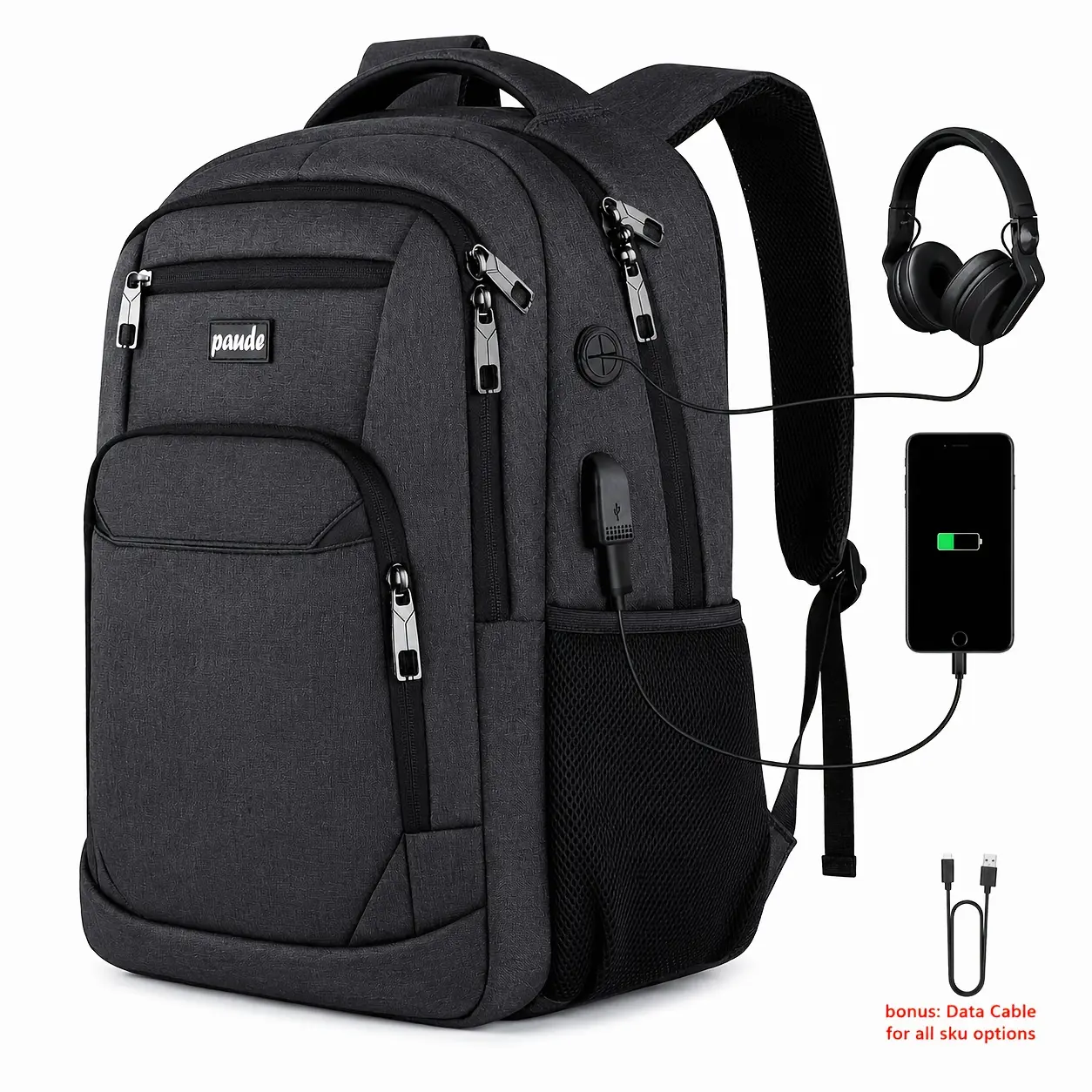 Durable Polyester 15.6" Laptop Backpack with USB Charging Port, TSA-Compliant, Machine Washable, Soft Shell Design for School, College, and Travel - Black, Backpack for School, College Essentials, Modern Backpack, Secure Zipper Closure