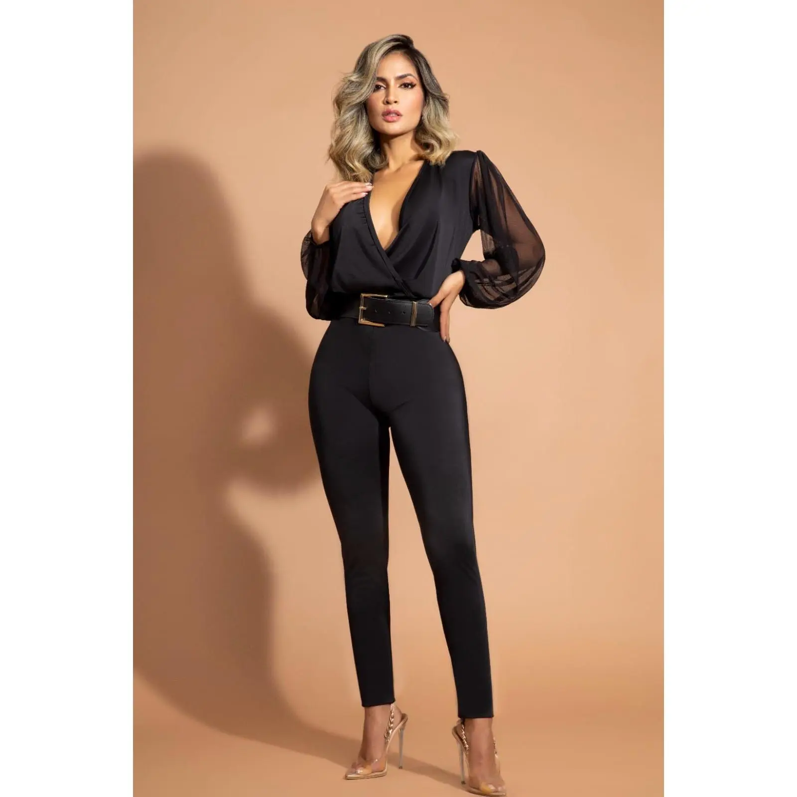 Black Bodycon One-Piece Jumpsuit with Gold Square Buckle