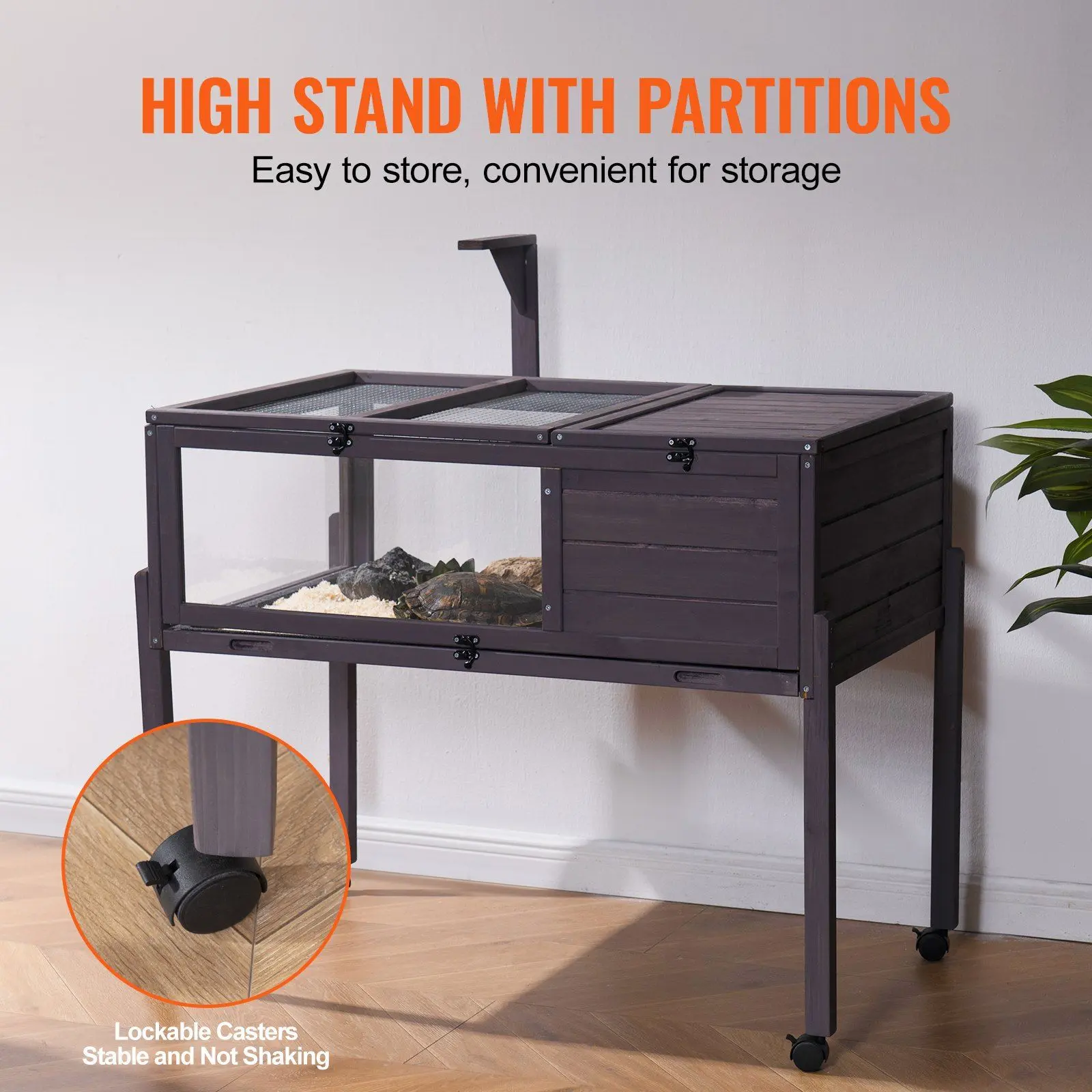 VEVOR Cedar Wood Tortoise House - 38"x24"x32.5" High-Leg Frame with Lockable Casters, Spacious Mesh Habitat, Hanging Lighting Stand, Indoor & Outdoor Use