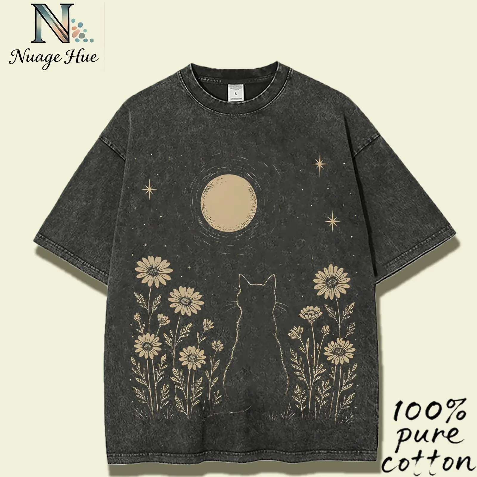 Vintage Washed Midnight Cat Moon & Flowers Graphic T-Shirt, 100% Cotton Oversized Casual Tee, Celestial Cottagecore Cat Print, Y2K Aesthetic Streetwear for Cat Lovers Graphic T Shirt Deals Graphic T Shirts for Men Tiktok Shop Deals