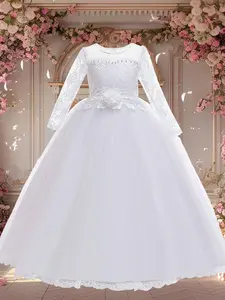 Girl's Floral Lace Faux Pearls & Bow Decor Tulle Satin Dress, Elegant High Waist Long Sleeve Party Dress For Prom Cocktail, Kids Dressy Partywear