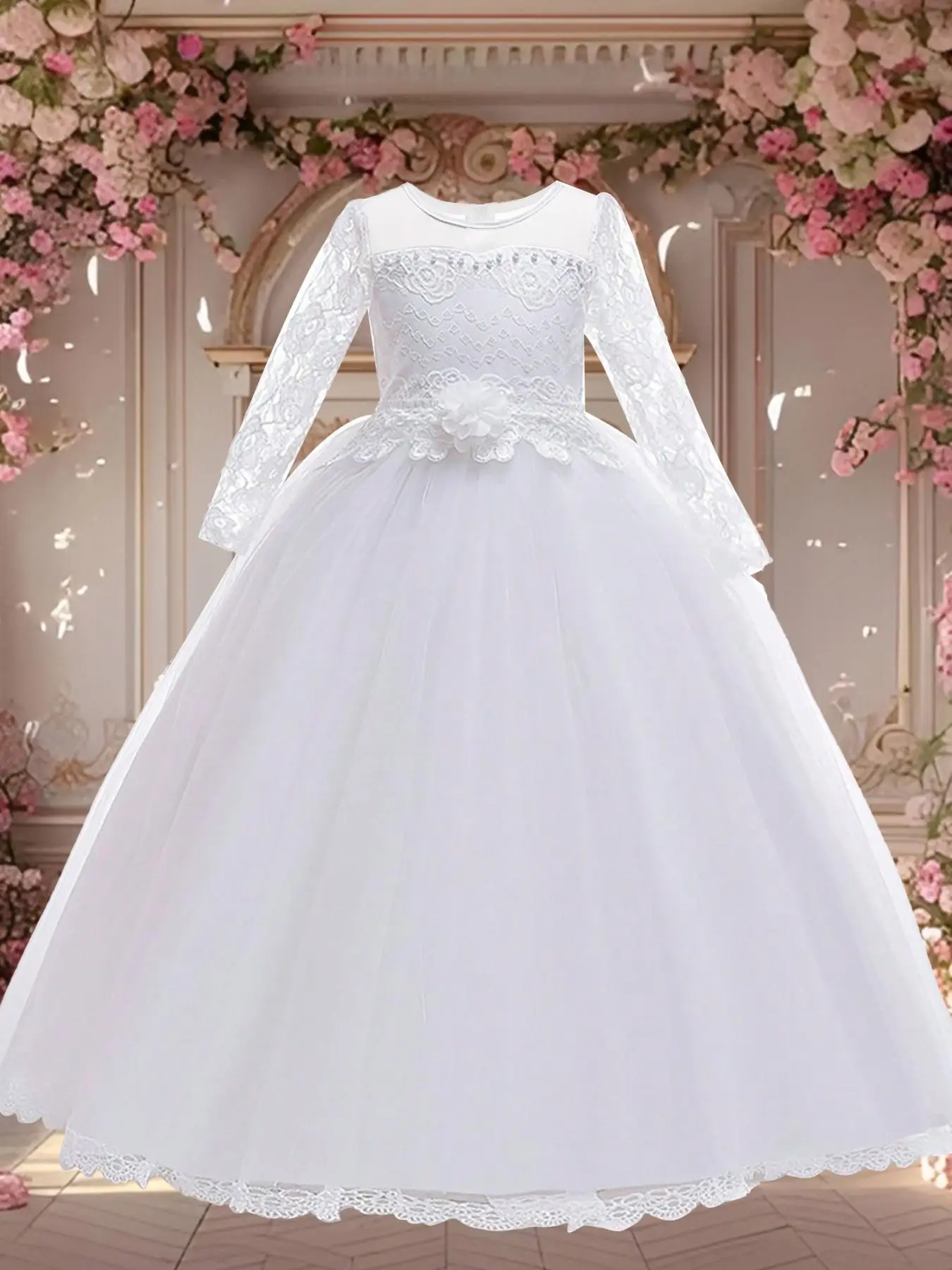 Girl's Floral Lace Faux Pearls & Bow Decor Tulle Satin Dress, Elegant High Waist Long Sleeve Party Dress For Prom Cocktail, Kids Dressy Partywear