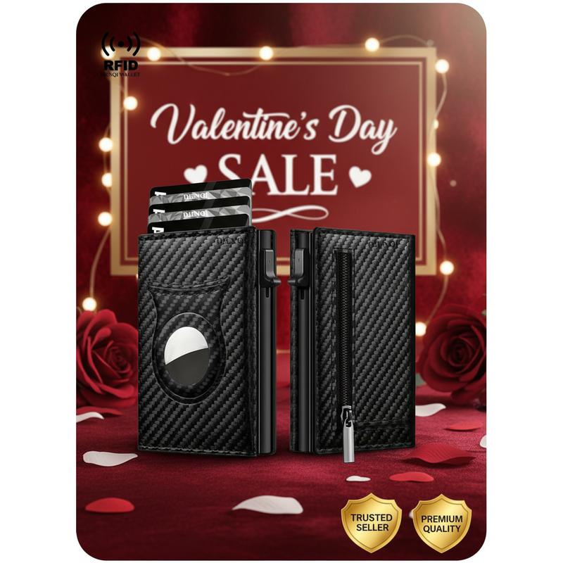 Rfid Men's Wallet with Airtag Holder, Slim Carbon Fiber Credit Card Case, Anti-Theft, Multi-Card Slots, Zipper Coin Pocket