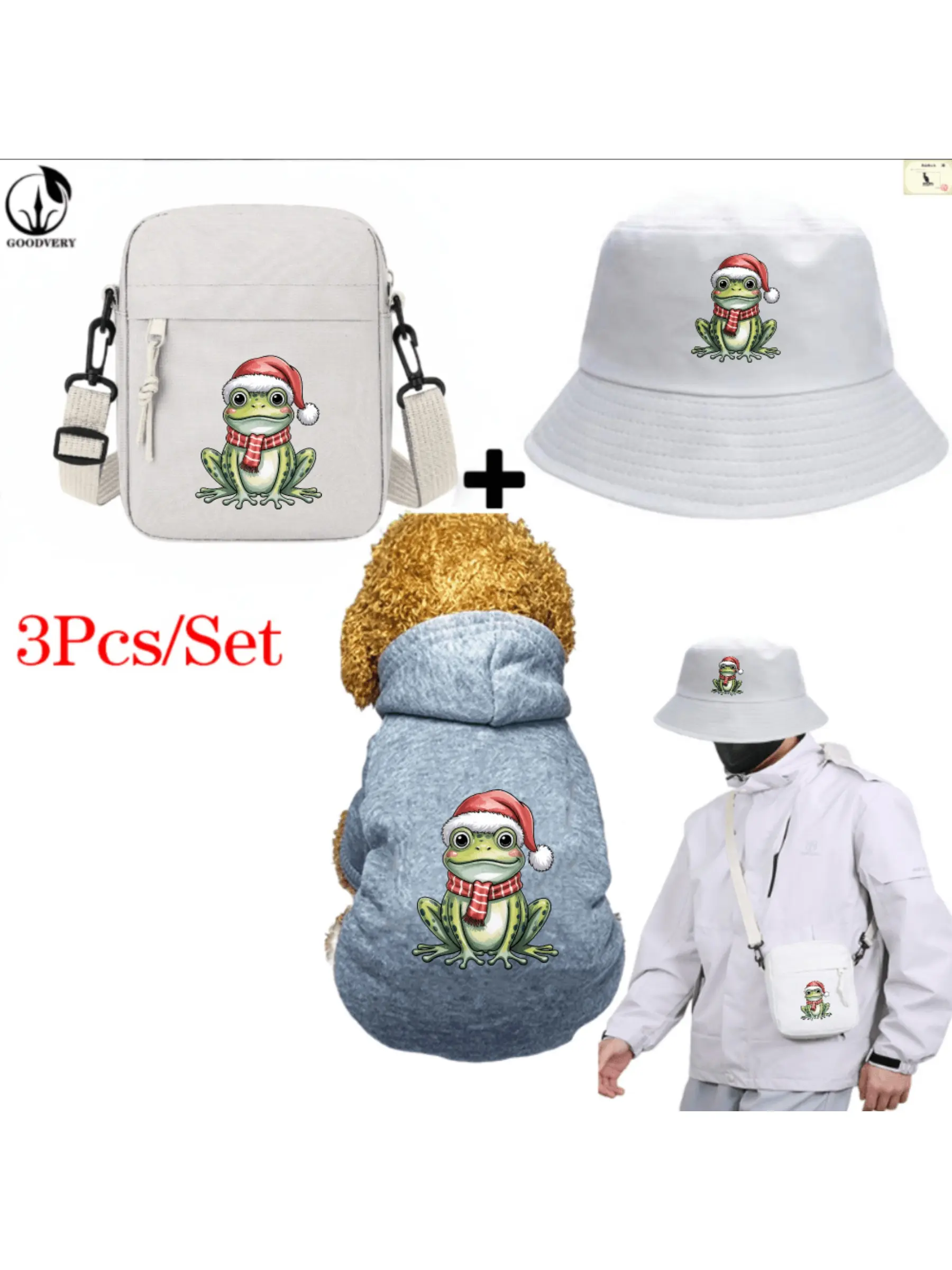 Vintage Christmas Cartoon Frog Clipart Print, Pet Hoodie and Fisherman Hat and Crossbody Bag Three-in-one Combination, Universal for Men and Women, New Style of Pet Hoodie, 3Pcs Suit Stylish Hat Crossbody Bag Pet Hoodie Suit