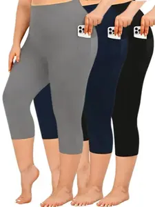 3 Pack Plus Size Capri Leggings for Women with Pockets High Waisted Yoga Pants Tummy Control Black Capri Leggings