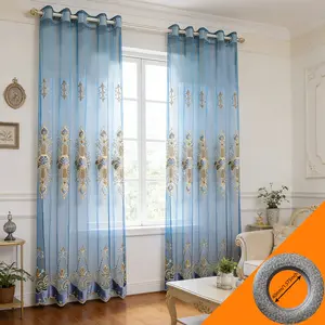 2 Piece Light Blue Sheer Curtain Set, European Luxury Embroidered Netting Living Room Floor Drapes, Elegant Home Decor
