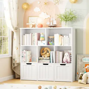 FOTOSOK Toy Storage Organizer with 3 Movable Drawers, Toy Organizer with Hidden Wheels and 5 Open Cubbies, Multifunctional Floor Storage Chest for Playroom