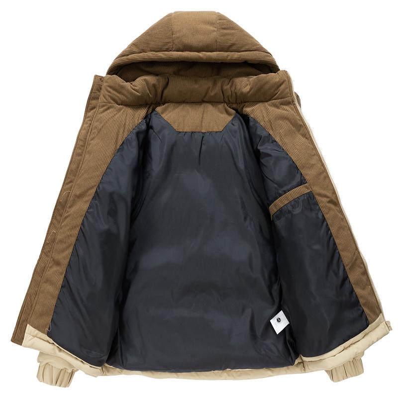New autumn/winter loose thick corduroy jacket, windproof and cold-resistant bread jacket; retro color-block hooded windproof and cold-resistant warm jacket; men’s autumn/winter thick corduroy temperature-lock hooded casual jacket; casual warm hooded jacke