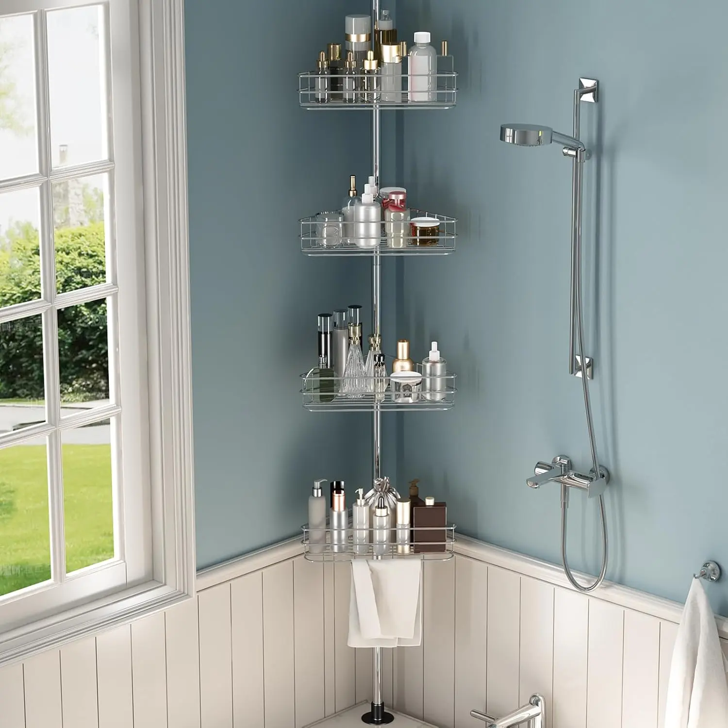 Tension Pole Shower Caddy, Corner Shower Caddies with 4 Basket Shelves and Built-In Towel Bars, Rustproof Bathroom Shower Organizer Adjustable 75 to 110 Inch