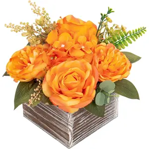 Artificial Flower Arrangement, 8'' Orange Roses Peonies Hydrangeas in Wooden Planter, Rustic Fake Flowers in Pot for Home Living Room - 1PC