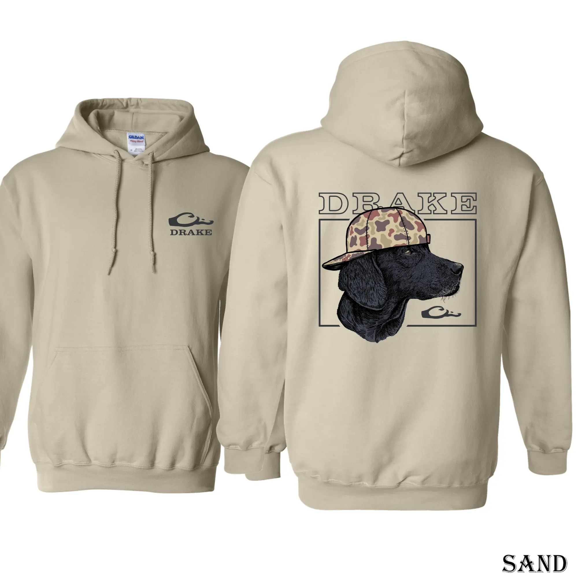 Drake Waterfowl Black Labrador In Camo Hat Hoodie, Double-Sided Hunting Dog Graphic Hoodie, Southern Outdoor Casual Wear for Men and Women