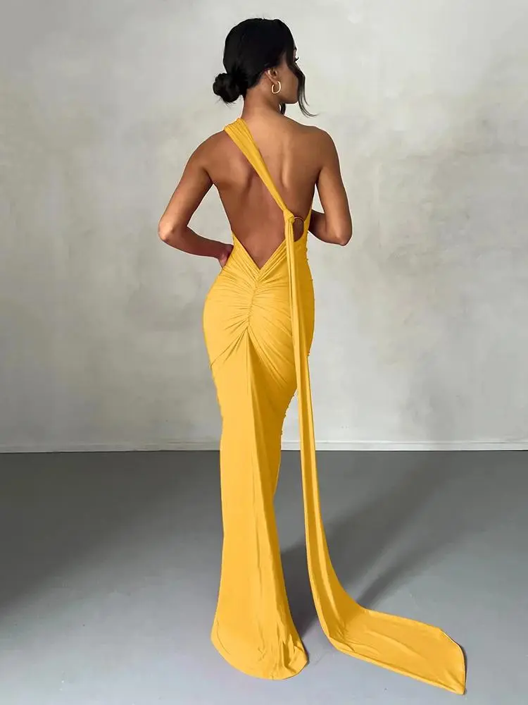 hugcitar backless dress Hugcitar One Shoulder Backless Adjustable Scarf Loop Ruched Sexy Maxi Dress  Women Elegant Y2K Streetwear Festival Outfit