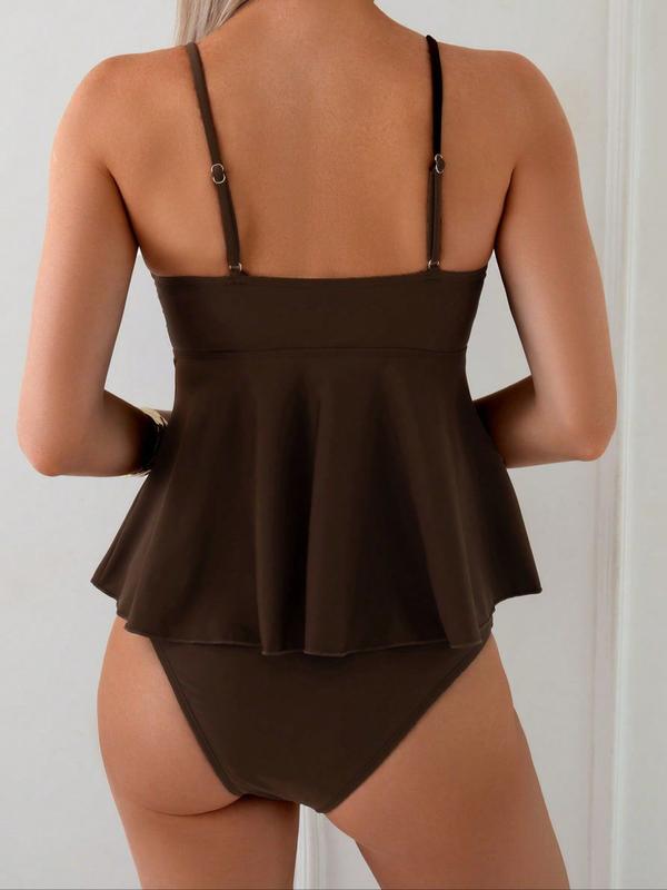 Metal Shell Beaded Adjustable Strap Tankini Set, Hollow Out Ruched Two-Piece Swimsuit, High Waist Sleeveless Short Swimwear for Women