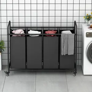 4 Bag Laundry Basket Sorting Machine Cart with Rolling Lockable Wheels & Detachable Waterproof Bags Large Capacity Oxford Material Easy Assembly