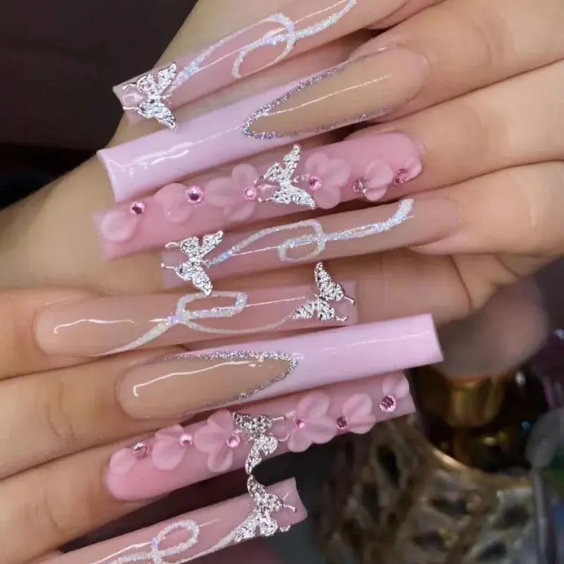 24Pcs Ultra Long Coffin Press On Nails French Gradient Flower 3D Butterfly Diamond Glossy Reusable Daily Party Manicure Supply