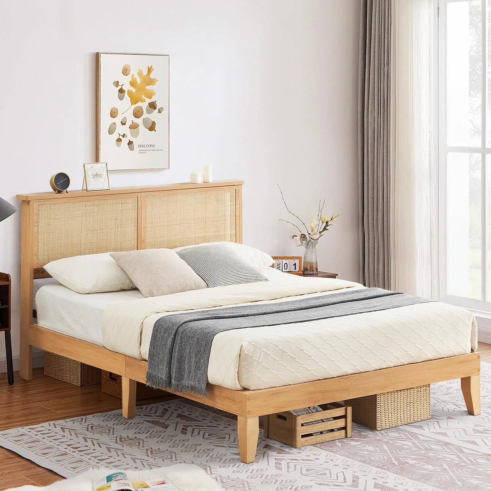 GARVEE Rattan Bed Frame King with Natural Rattan Headboard,Bohemian Rattan Bed Frame with LED Lights,Solid Wood Foundation with Silent Slats,No Box Spring Needed (King)