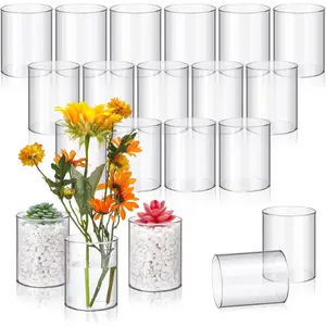20 pcs plastic cylinder vase 4 inch acrylic cylinder vase bulk small clear flower container hurricane candle holder round wide container centerpiece for home office wedding decorations