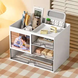A desktop organizer with three drawers; a multi-functional pencil holder suitable for use in offices or at home; a desktop storage device with 8 compartments; available in white, perfect for storing art supplies in offices or homes; Stationery Organizer