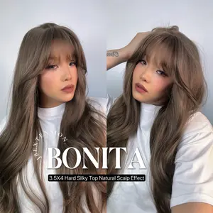 JBEXTENSION 26 Inches Scalpiana Brown Curly 3.5X4 Hard Silky Top Natural Scalp Effect Wig With Bangs BONITA