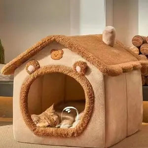 Warm and Enclosed Secure Cat Bed for Fall and Winter, Wraparound Cat Sleeping Niche Dog Cozy Hiding House with Removable Washable Fluffy Lining, Cozy Indoor Cat Shelter for Small Dogs and Cats, Fluffy Cloud Bed