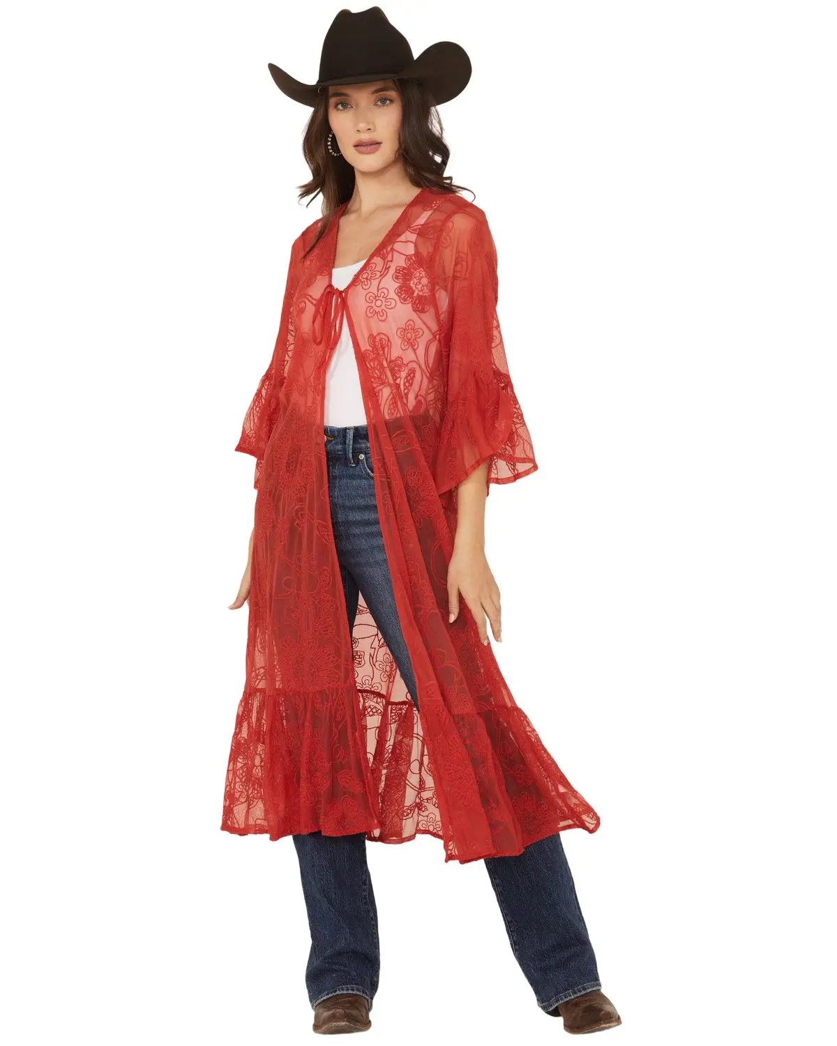 Shyanne Women's Women'S Tie-Front Embroidered Mesh Kimono - Swsp25v92-Rd