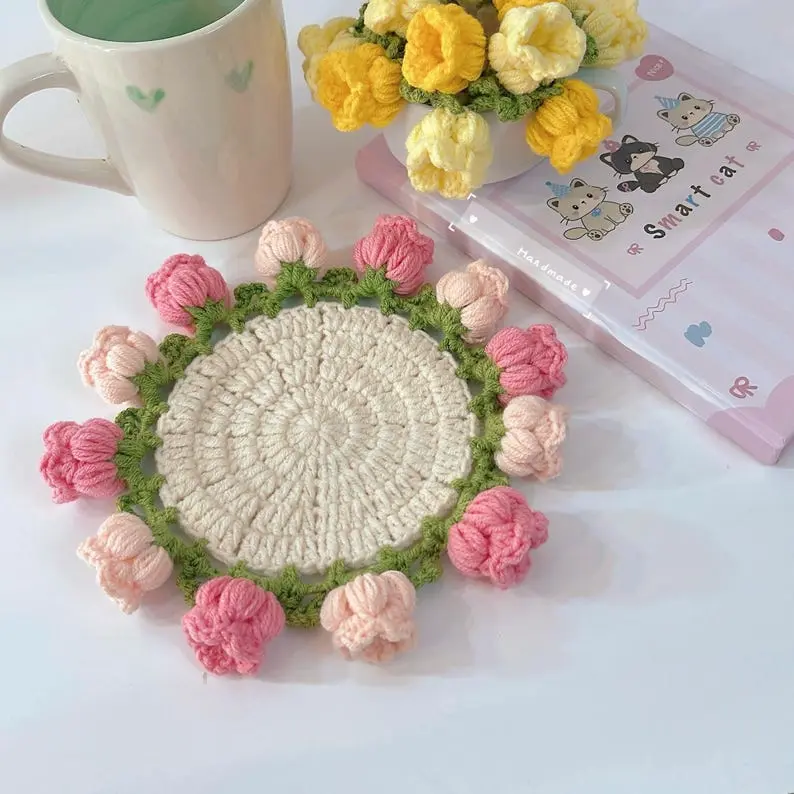 Handmade Crochet Flower Coaster, Crochet Flower Bouquet Blanket, Gift for Her, Mother's Day Gift Set Tableware