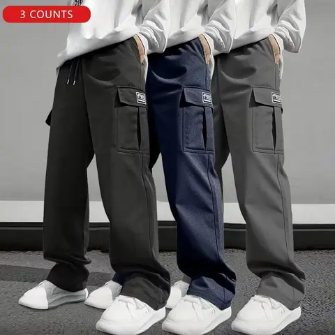 Men’s Regular Fit Cargo Pants, 1 3 Pack, 100% Polyester Solid Color with Drawstring Waist, Cargo & Deep Pockets, Casual Sporty Versatile Bottoms for Outdoor Work