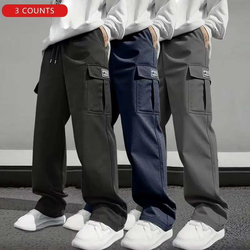 Men’s Regular Fit Cargo Pants, 1 3 Pack, 100% Polyester Solid Color with Drawstring Waist, Cargo & Deep Pockets, Casual Sporty Versatile Bottoms for Outdoor Work