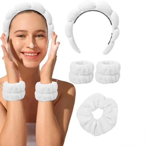 AWAYTR Women's Fluffy Headbands Set (4 Pieces) - One Size, Casual, Water-Absorbent, Washable, Hair-Control, Daily Wear, Anniversary Gift with Bonus Hair Scrunchie + 2 Wrist Wash Bands for Skincare Face Washing