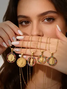 Colorful Virgin Mary Pendant Necklace, 18k Gold Plated Stainless Steel, Sparkling Crystal Halo Design, Religious Meaning & Fashion Quality