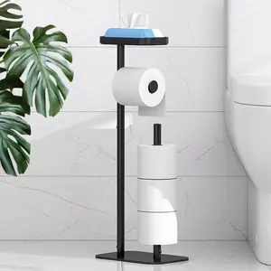 Toilet Paper Holder Free Standing – Rustproof Metal Toilet Paper Stand for 4 Rolls with Anti-Slip Base and Shelf for Phone & Small Items, Bathroom Organizers and Storage, Medium, Black