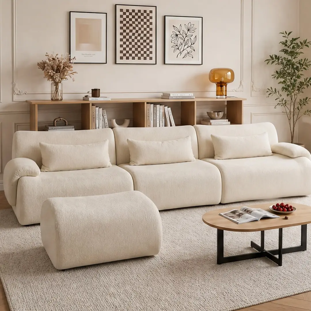 ARCH Boneless 3-Seat L-Shaped Upholstered Modern Curved Sofa with Chaise - 39.37"w x 118.11"d x 25.59"h, High Density Foam-Spring, Anti-Slip, No Assembly, Curved Armrests, Pillow Back, Medium-Soft, White/Grey, Living Room Boneless Couches