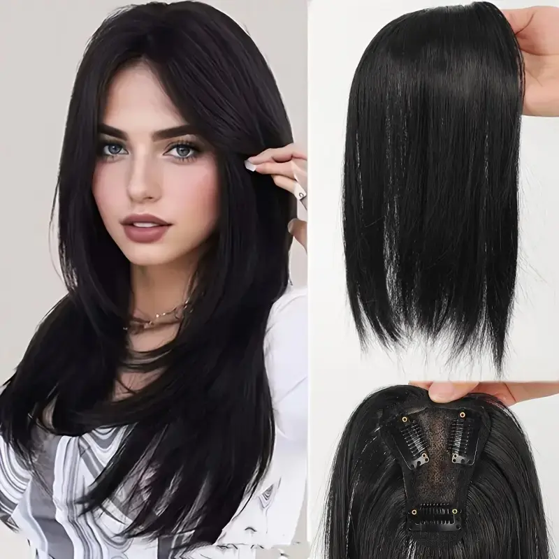 Women's Natural-Look Invisible Hair Topper – Volumizing Hairpiece with Air Bangs for Covering Gray Roots (T-Shaped, Seamless)