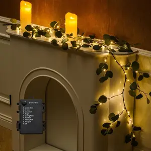 Lighted Artificial Eucalyptus Garland 6FT 96 LED Battery Operated Faux Vine Lights with Timer for Spring Wedding Backdrop Wall Decoration