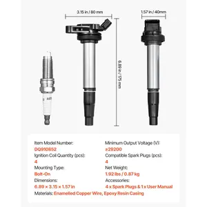 VEVOR Ignition Coil Pack and Spark Plugs, Set of 4, Compatible with Toyota Corolla Matrix Prius Prius V Scion IMxD Pontiac Vibe Lexus CT200h 1.8L L4, Replacement for UF596 UF-619 90919-02252 C1714