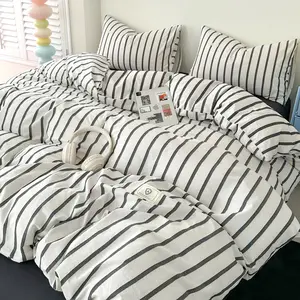 Ultra-Soft Blue Striped Bedding Set, Breathable Duvet Set, Single Double Queen Size, Includes Duvet cover+ 2 Pillowcases, Suitable for All Seasons