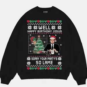 The Office Ugly Christmas Sweatshirt – Michael Scott & Dwight Schrute Meme Pullover, Funny “Happy Birthday Jesus” Holiday Sweater Gift