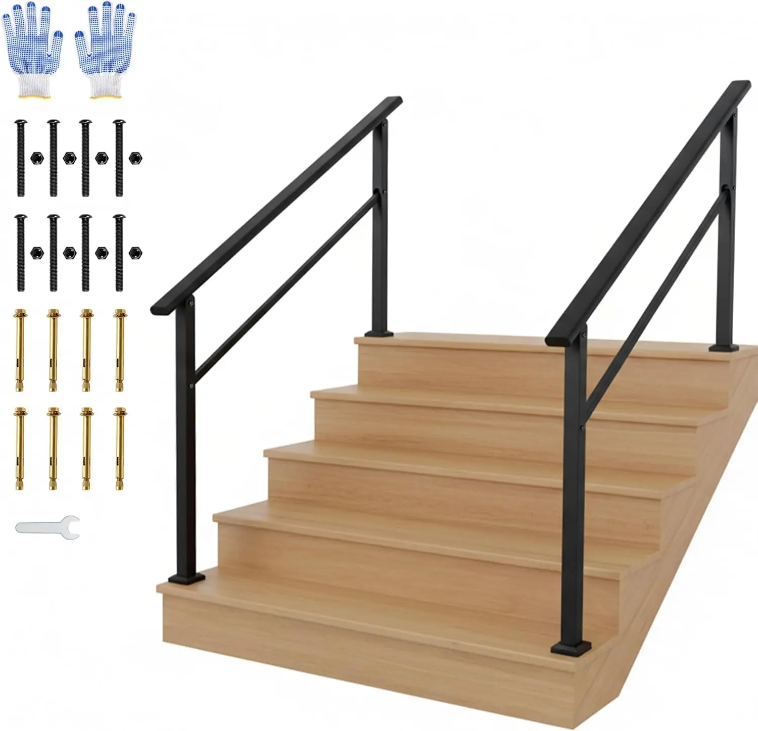 Gaomon 2-Pack Black Aluminum Indoor/Outdoor Stair Railing DIY Kit with Iron Posts, Adjustable 0°-45° Installation, Lightweight, Deep Corrosion Resistance, Comfortable-Grip, Work Gloves, Installation Tools, Flat Pathways Compatibility