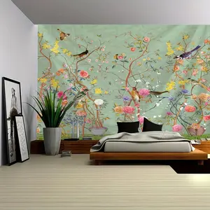 Flower and Bird Tapestry Wall Hanging - Chinese Landscape Themed Tapestry for Bedrooms, Interior Decor, Art with Free Installation Kit Flower Pattern Tapestry