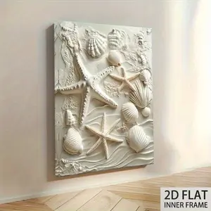 2D Flat Surface, 1 Piece Elegant Starfish and Shell Canvas Art with Wooden Inner Frame - Modern Wall Decoration, Suitable for Living Room, Bedroom, Office, Spa, Meditation, Coastal Home Decor, Beach Theme Decoration, 2D Flat Surface