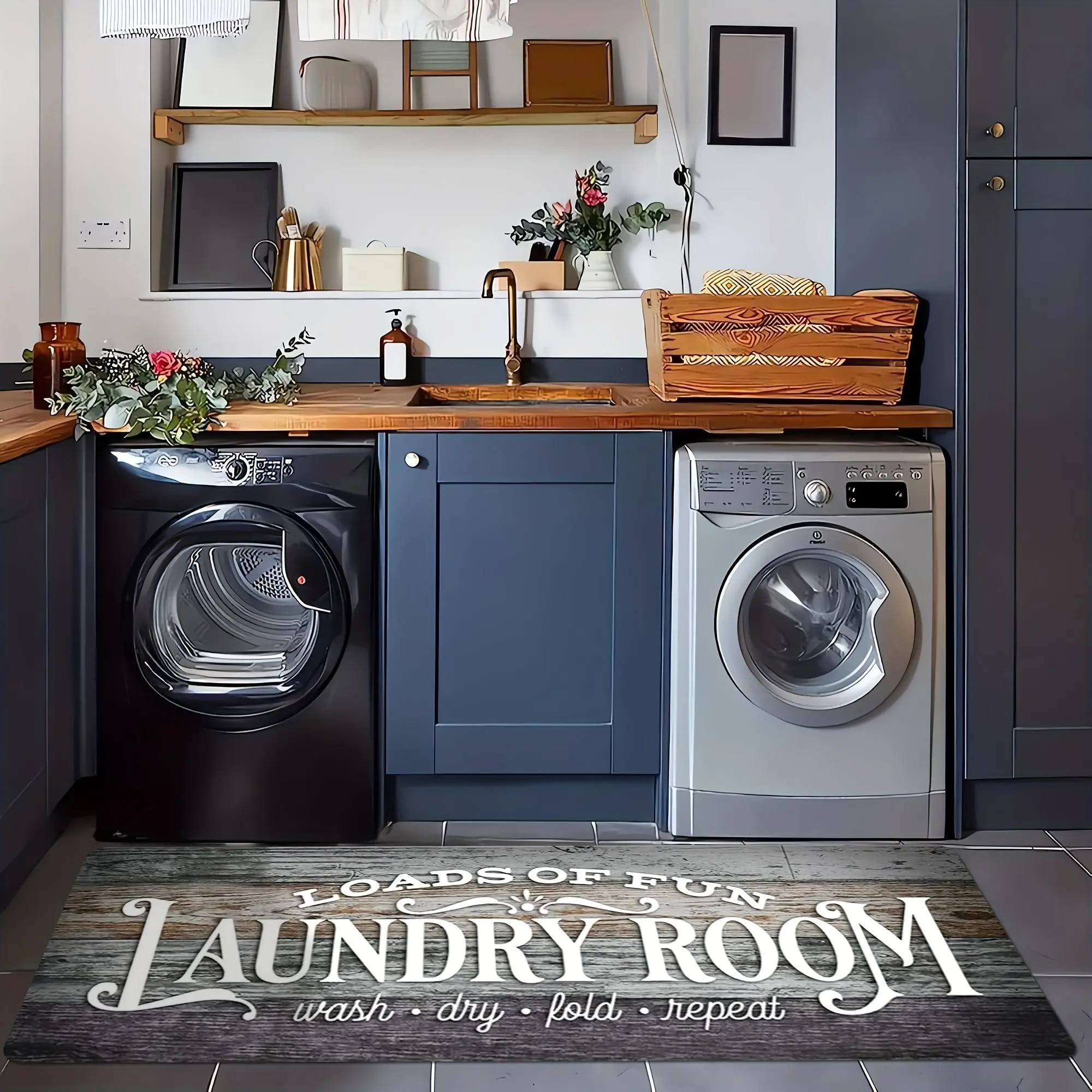1pc Non Slip Laundry Room High Quality Runner Rug, Decor Non-Skid Comfort Standing Mat Machine Washable Text Design Laundry Mat, Floor Mats & Matting for Kitchen, Porch, Bathroom, Hotel, Commercial Laundry Rooms, And Home, Floor Protection, Practical
