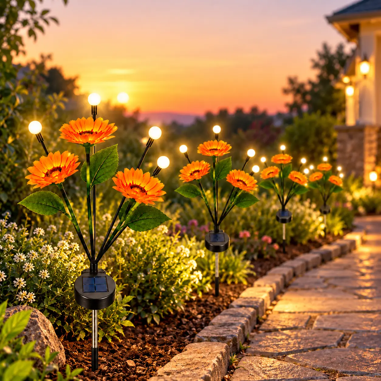 Outdoor Solar Firefly + Sunflower LED Garden Lights, 2/4/8 Pack, Waterproof Stake Decorative Lamps with Automatic Dusk-to-Dawn Lighting, for Home, Yard, Camping, Pathway, Mood Lighting & Halloween Decor