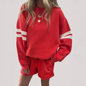 MULLVEIG Women's Game Day 2 Piece Set Varsity Striped Sleeve Sweatshirt & Shorts Drop Shoulder Tracksuit Football Party Winter