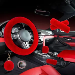 1 Set 8 count Fluffy Steering Wheel Cover Set,Warm Soft Fuzzy Steering Wheel Covers for Women/Girls,Universal 15 Inches Girls  Accessories (Red)
