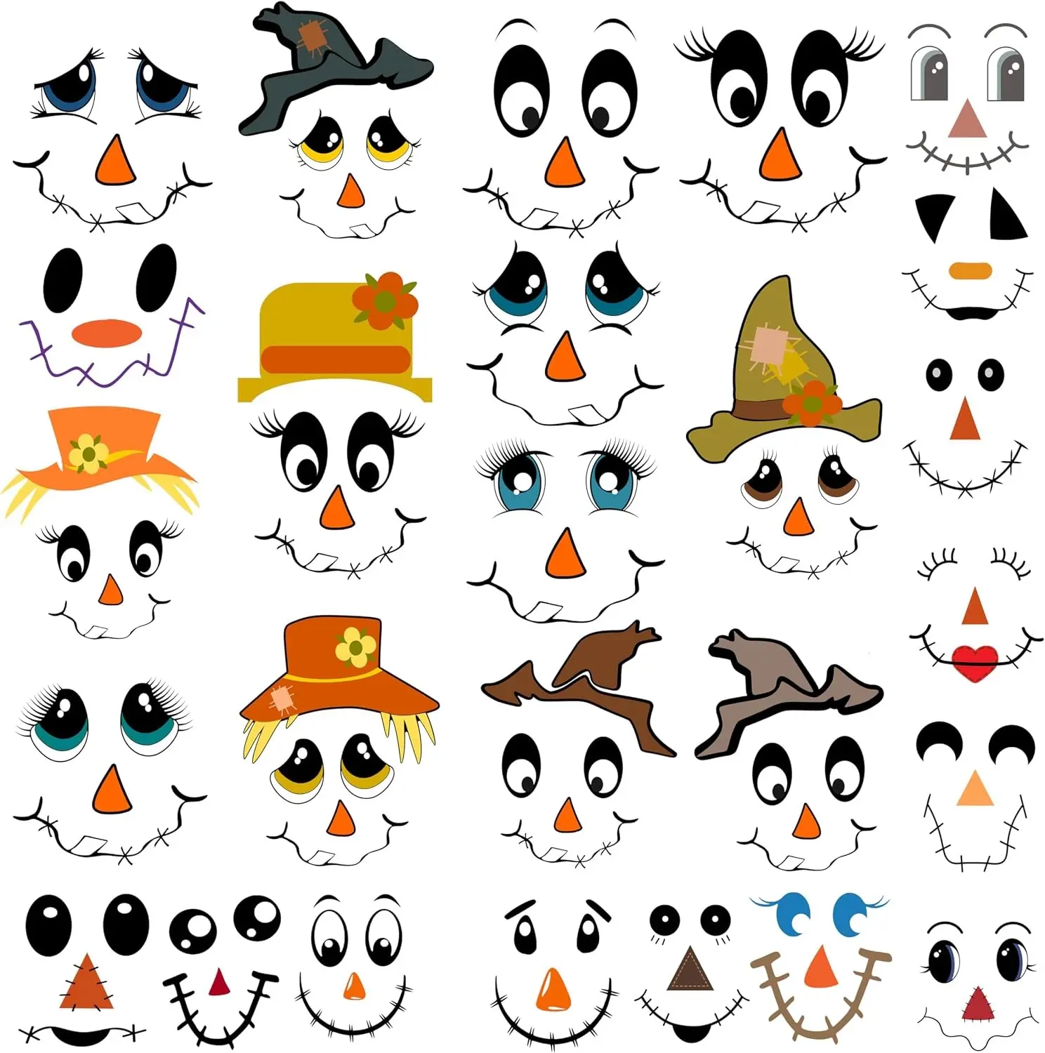 26-Piece Colorful Smooth Removable Fall Scarecrow Face Vinyl Decal Set - DIY Craft Set, Wall Stickers for Home Decor, Halloween Glass Window Wall Accents
