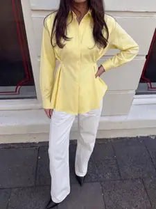 New Four-Season Shirt Blouse, Slim Fit Waist, Versatile Style; Simple Solid Color, Long Sleeve, Notch Lapel, Collared, Button Design, Perfect for Daily Wear