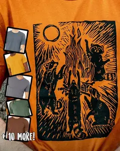 Raccoon Bonfire Graphic Tee - Screenprinted Design with Trash Creatures Theme, Perfect Meme Streetwear Essential for Trending Gift Seasons